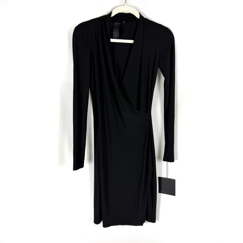 Norma Kamali Side Drape Modern Dress Black Jersey Long Sleeve V-Neck Knee Sz XS - Picture 4 of 10